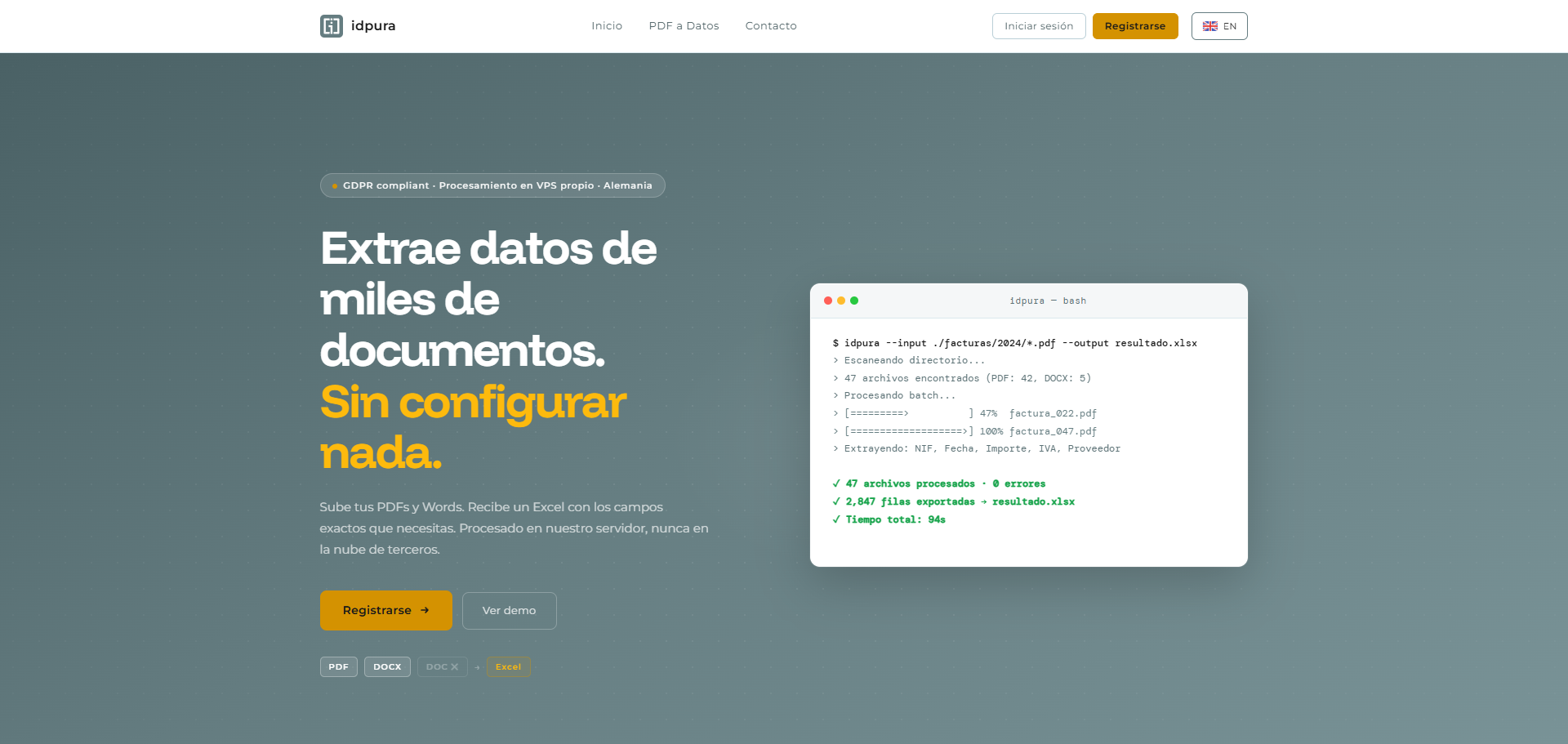 Extrae idpura — Extrae datos de miles de documentos. Sin configurar nada.